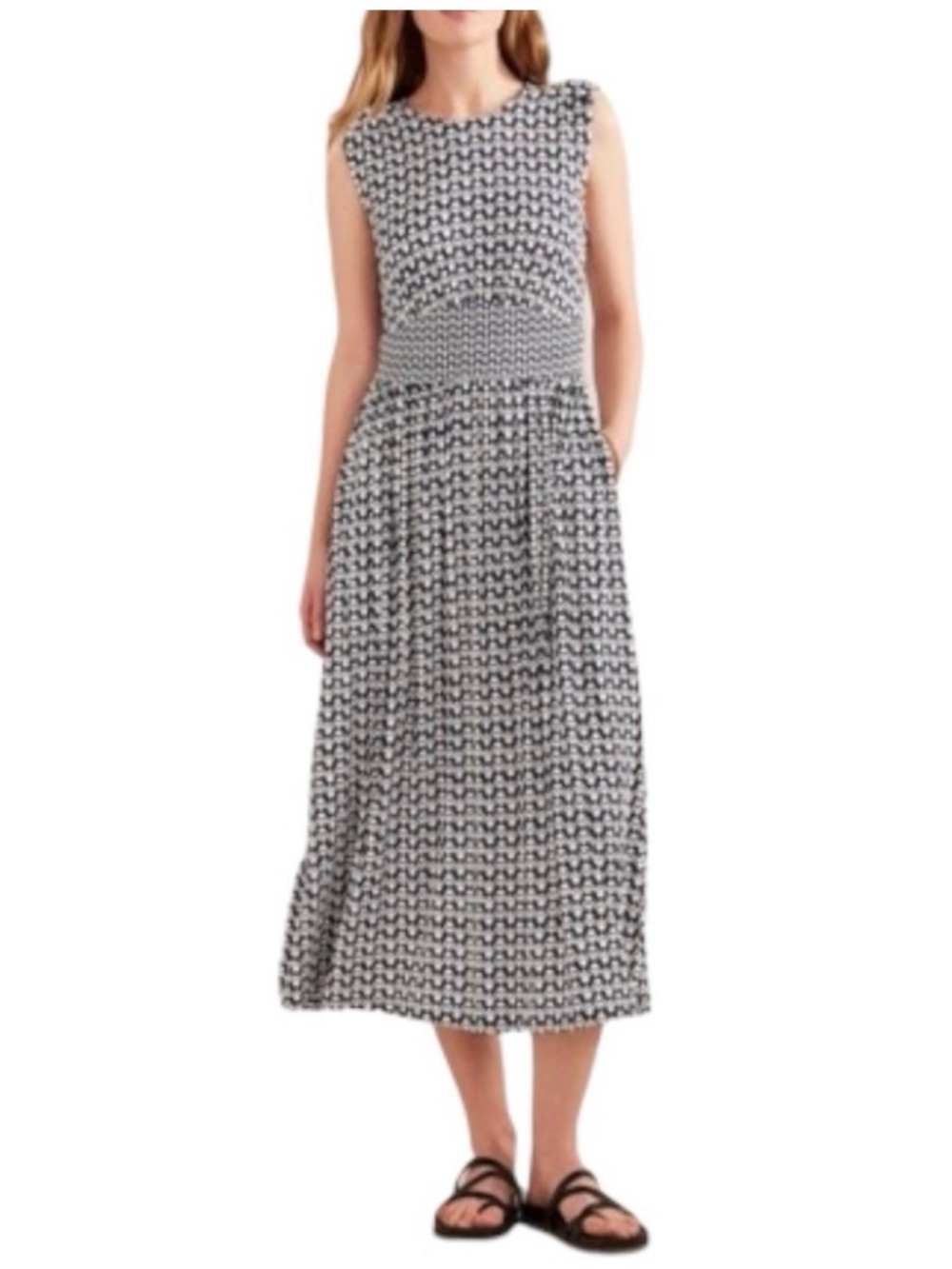 Boden soft stretchy waist detail sleeveless midi dress French navy tulip pop